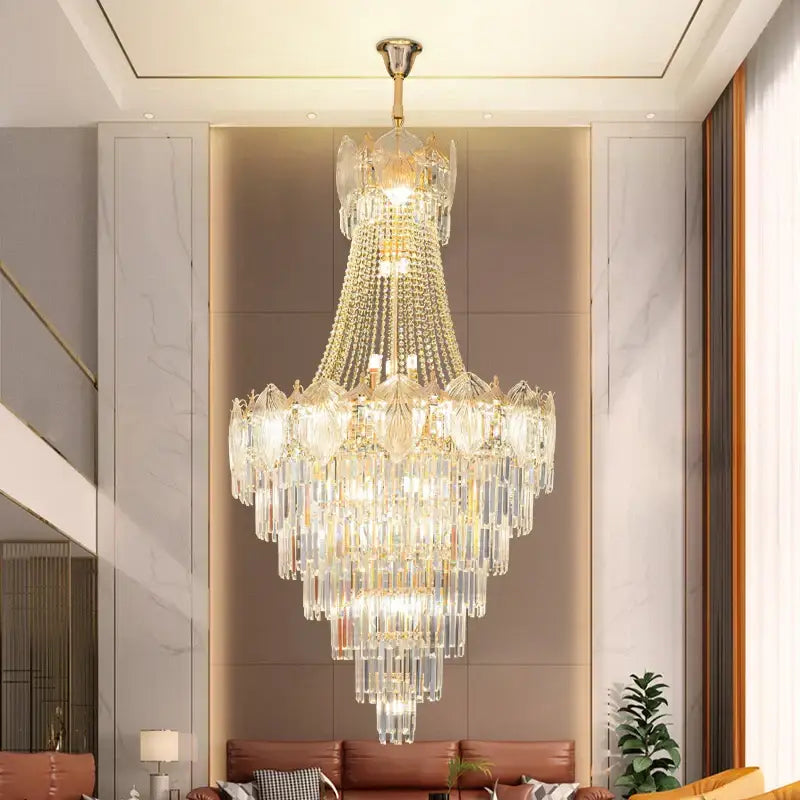 Elegant simple staircase chandelier with gold crystal accents and clear glass prisms for modern decorbites living room decor