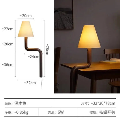 Elegant solid wood table lamp with dark wood finish curved industrial base and beige fabric shade for warm bedroom decorbites elegant solid