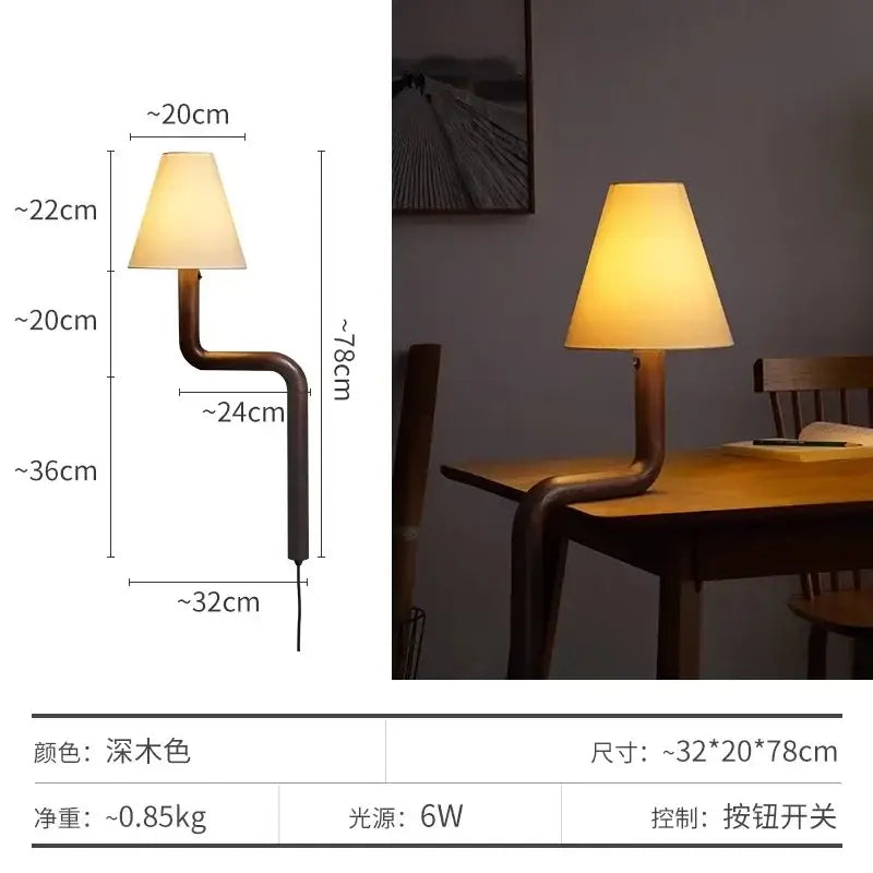 Elegant solid wood table lamp with dark wood finish curved industrial base and beige fabric shade for warm bedroom decorbites elegant solid