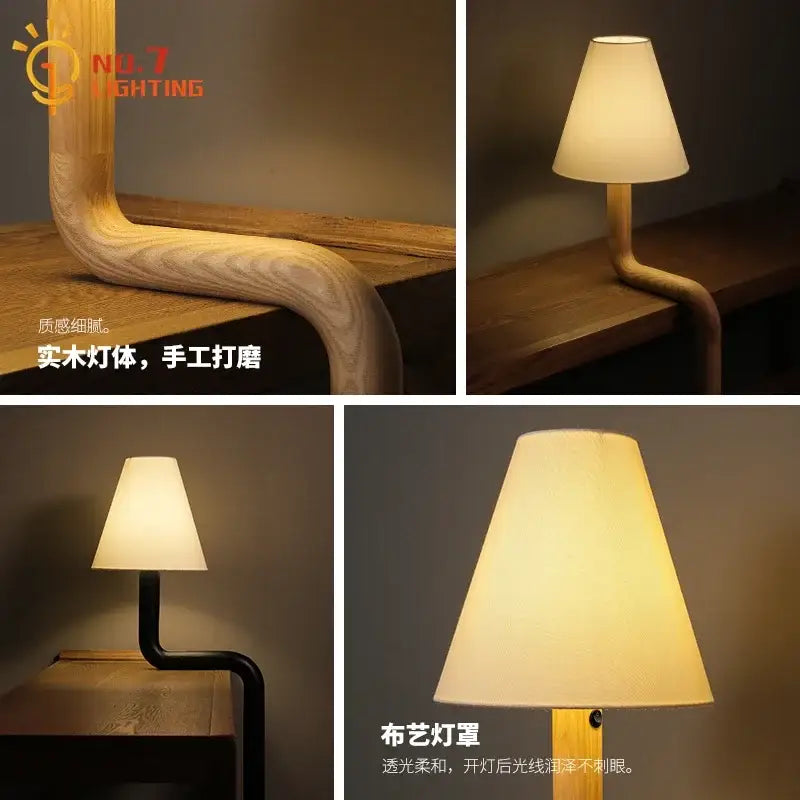 Minimalist decorbites elegant solid wood table lamp with curved wooden base and off-white fabric shade for warm bedroom light