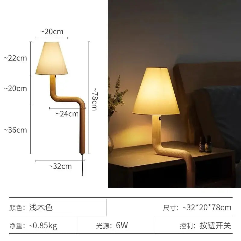 Elegant solid wood table lamp with a curved wooden base and beige fabric shade for warm bedroom decorbites elegant solid light