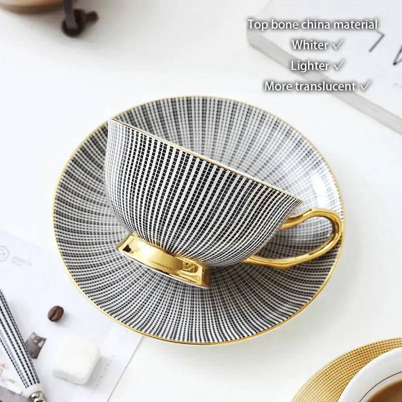 Elegant black and white checkered bone china tea cup set with gold trim and matching saucer for dining room use