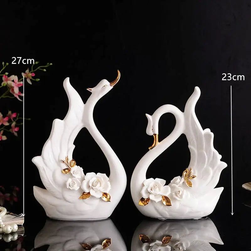 Elegant swan sculpture figurines white ceramic with gold-trimmed pink roses for decorbites elegant swan living room decor