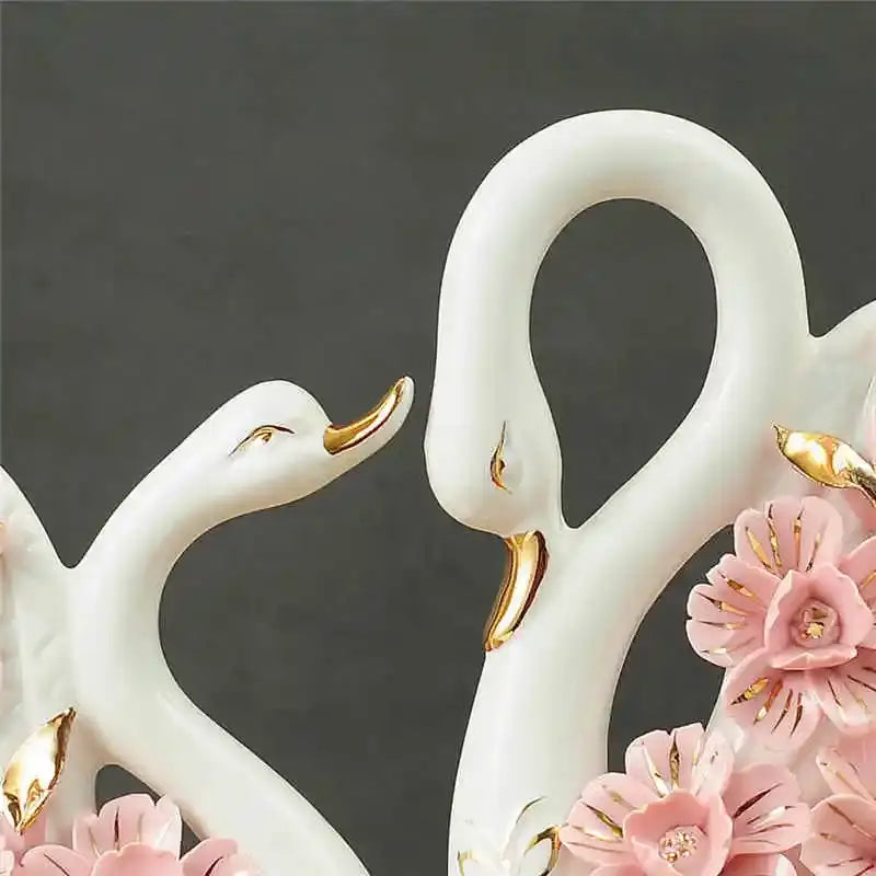 Elegant swan sculpture figurines white porcelain with gold trim and pink floral accents for decorbites elegant swan decor