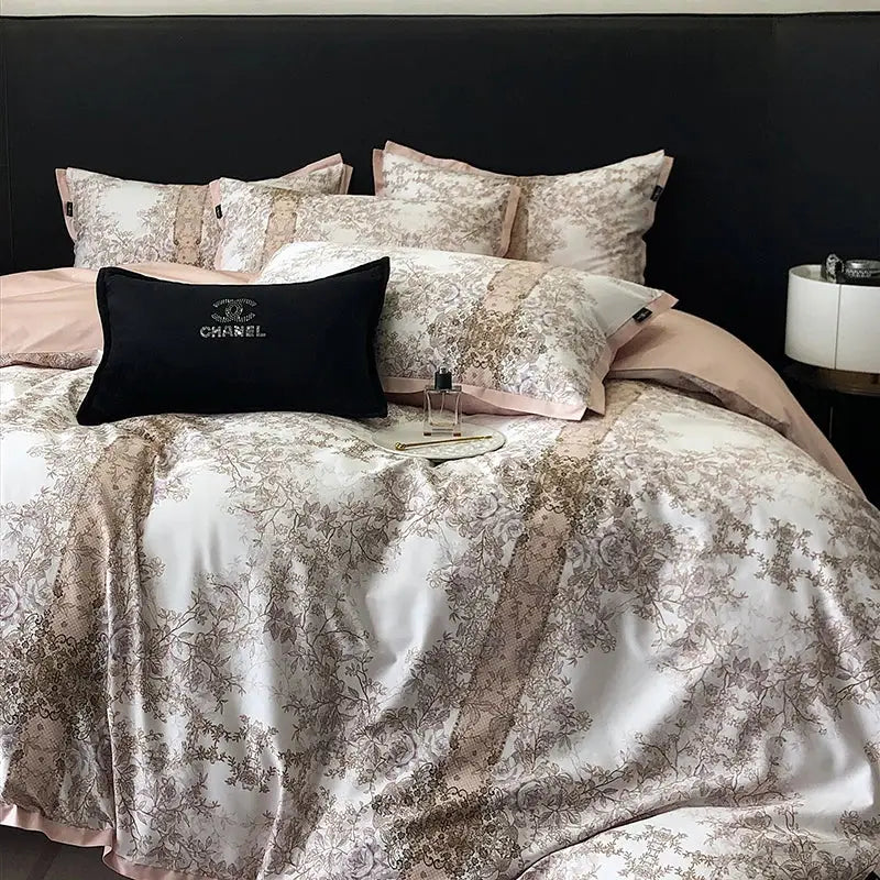 Elegant teal and gold floral luxury bedding set featuring a satin duvet cover and matching pillow shams in beige cream tones