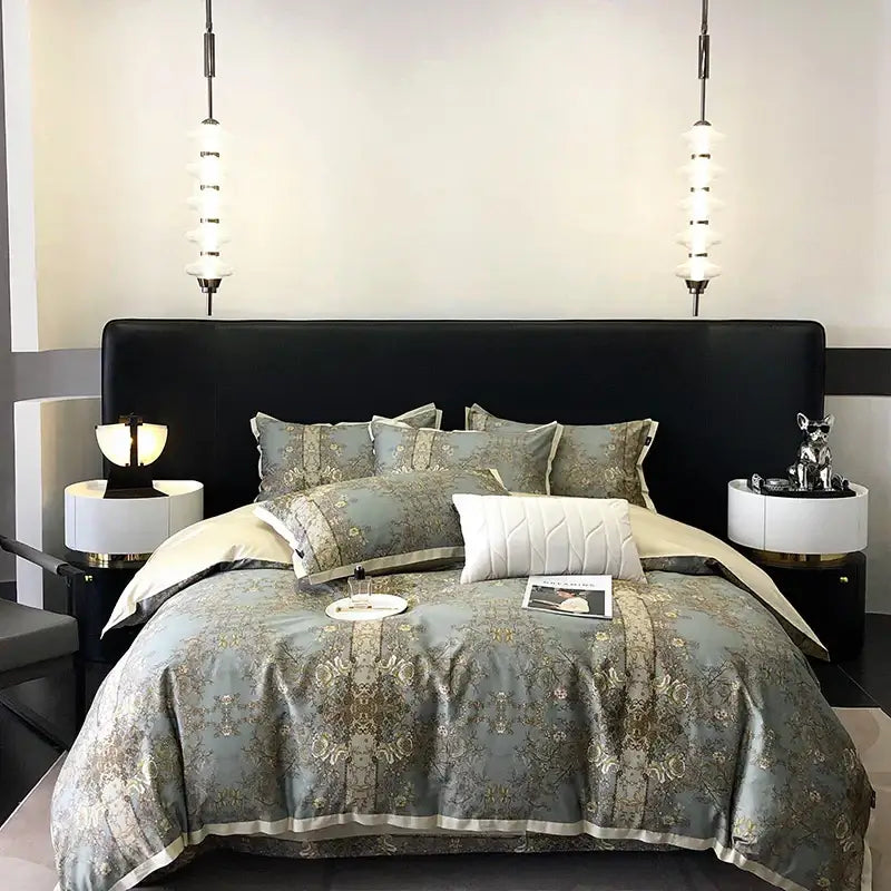 Elegant teal and gold floral luxury bedding set with sage green and gold satin damask bedspread on black headboard