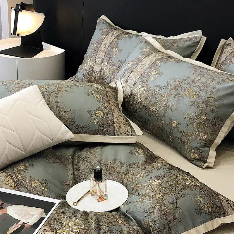 Elegant sage green satin luxury bedding set with floral embroidery and cream piping for bedroom duvet cover