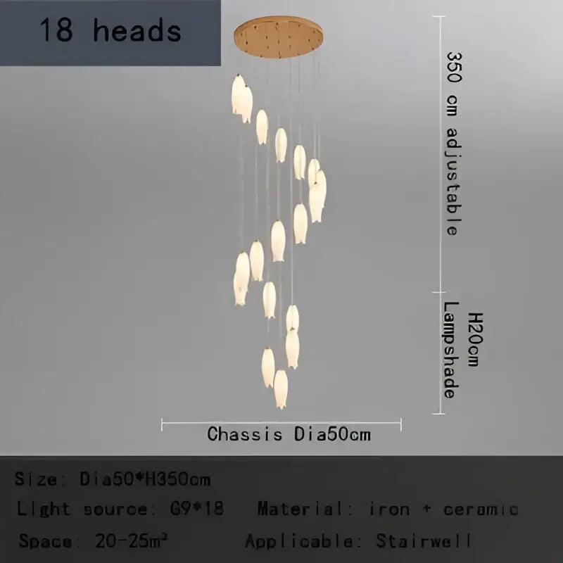 Elegant tulip staircase chandelier with 18 gold frosted ceramic lampshades on circular iron base for stairwells by decorbites