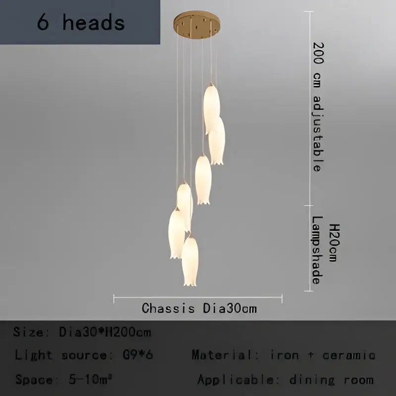 A modern decorbites elegant tulip staircase chandelier with six cream ceramic bird-shaped lampshades and gold accents