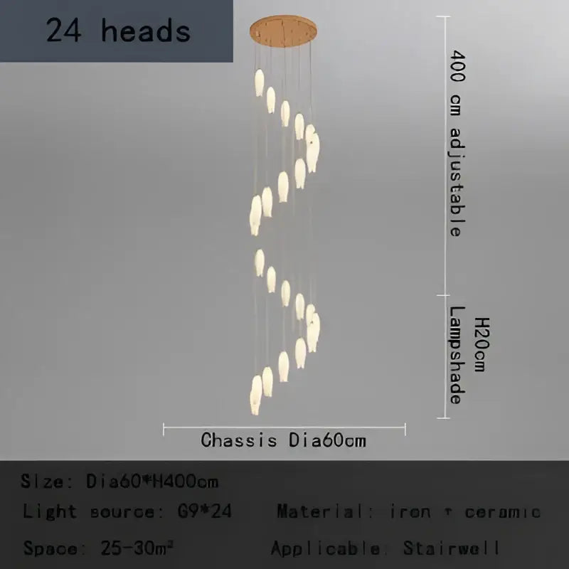 A modern decorbites elegant tulip staircase chandelier with 24 glowing ceramic lights on an adjustable iron frame