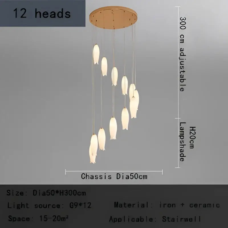 Elegant tulip staircase chandelier with 12 adjustable frosted ceramic lampshades on gold circular iron chassis by decorbites elegant tulip