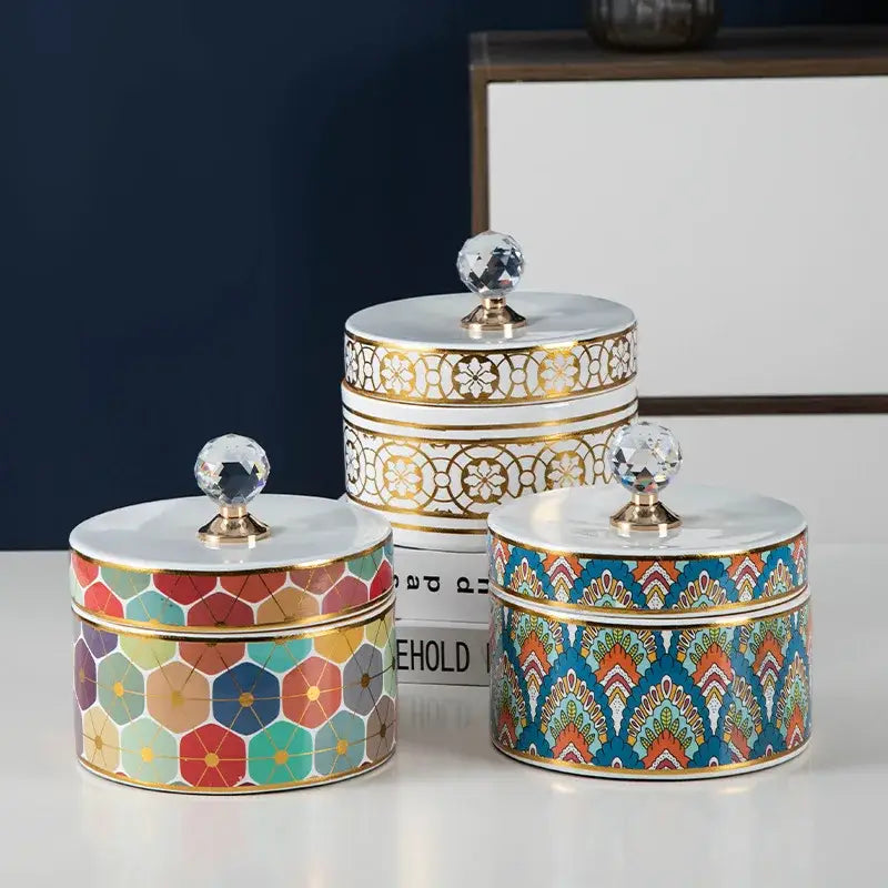 Elegant white and gold crystal ball ceramic jewelry box with colorful patterns and crystal knobs for bedroom storage