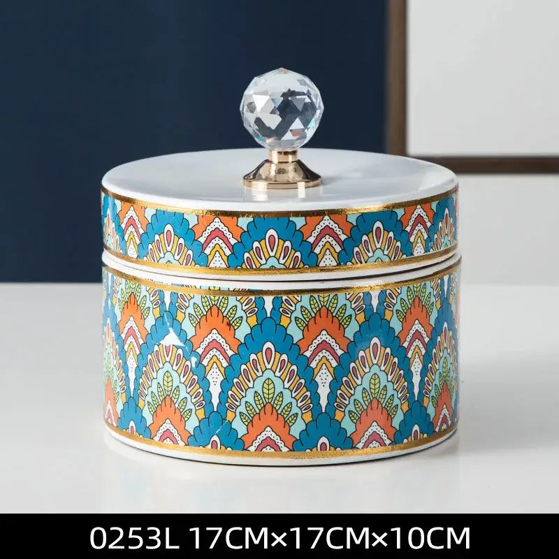 Elegant white and gold crystal ball ceramic jewelry box with colorful geometric pattern and faceted crystal knob decorbites crystal ball
