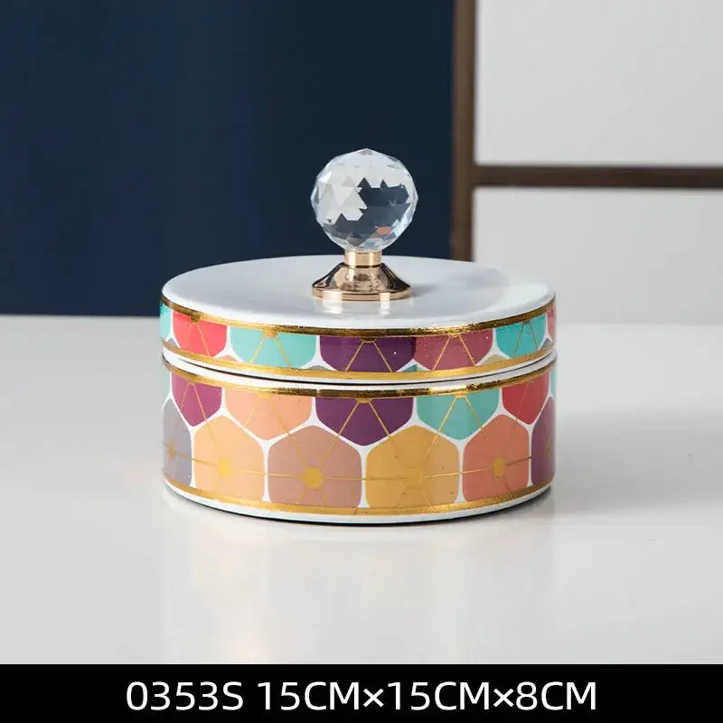 Elegant white and gold crystal ball ceramic jewelry box with colorful geometric pattern and faceted crystal knob