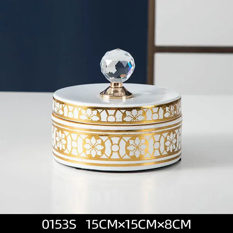 Elegant white and gold crystal ball ceramic jewelry box with faceted knob for bedroom storage by decorbites crystal ball