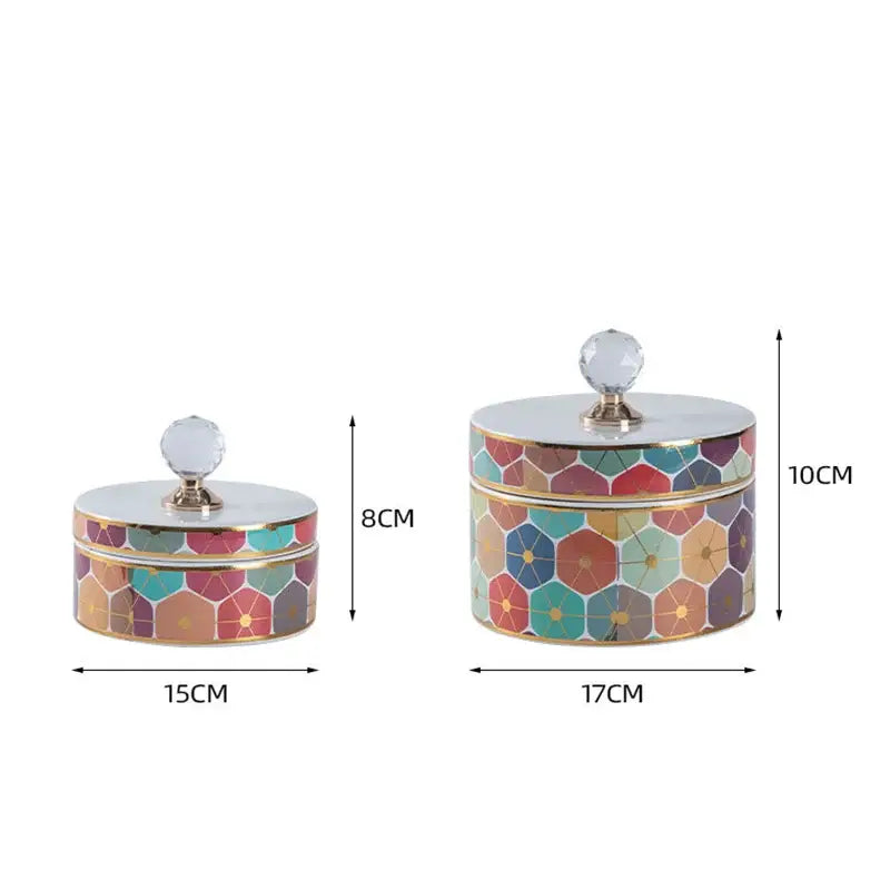 Elegant white and gold crystal ball ceramic jewelry box with hexagonal pattern and crystal knobs for bedroom storage