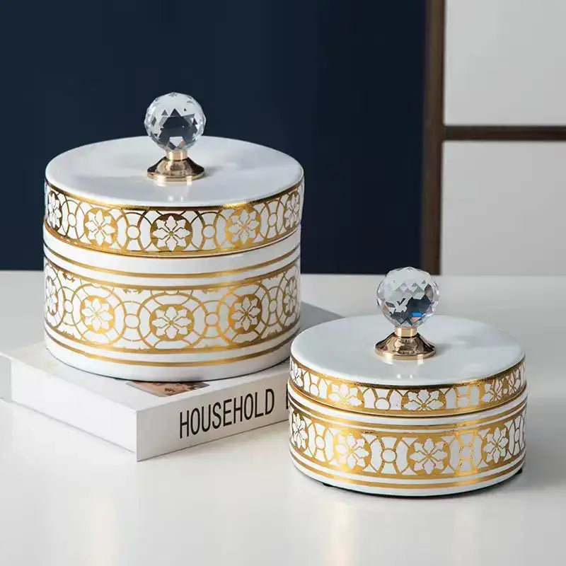 Elegant white and gold crystal ball ceramic jewelry box with faceted crystal knob for bedroom storage by decorbites