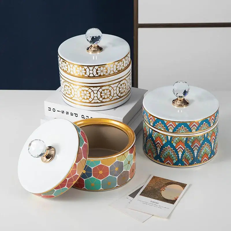 Elegant white and gold crystal ball ceramic jewelry box featuring three decorative storage jars with gold trim and crystal knobs