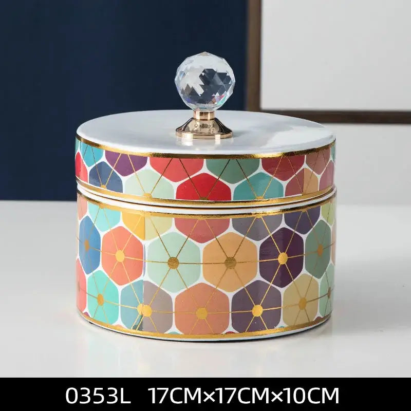 Elegant white and gold crystal ball ceramic jewelry box with colorful geometric pattern and faceted crystal knob by decorbites