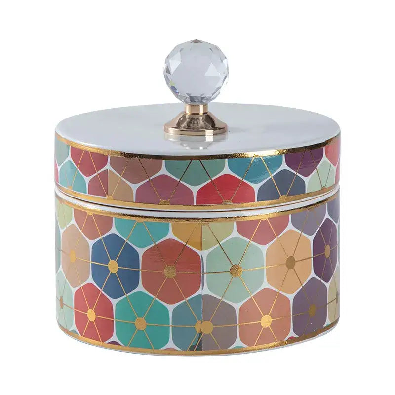 Elegant round multicolored crystal ball ceramic jewelry box with gold trim and faceted knob for bedroom storage decorbites crystal ball