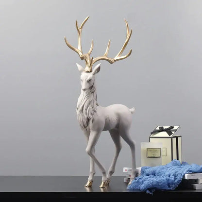 A sleek white resin elk figurine with detailed golden antlers and hooves decorbites deer sculpture for living room decor