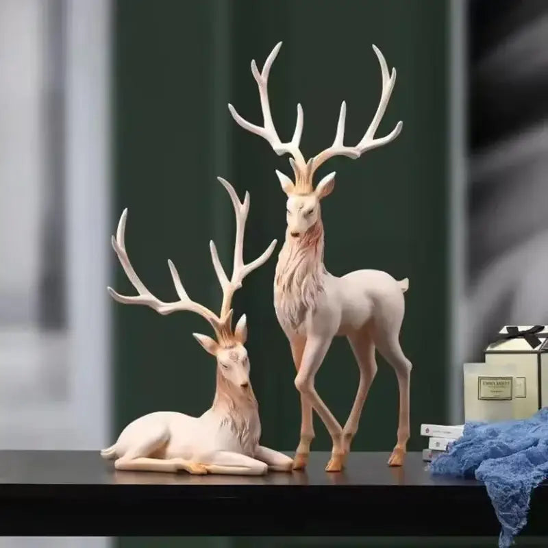 Cream-colored resin elk figurine with detailed antlers and textured fur decorbites deer sculpture for living room decor