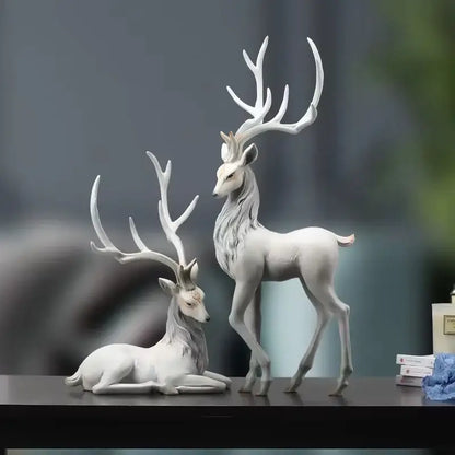 Elegant white resin elk figurine with detailed antlers and textured fur standing and reclining decorbites deer sculpture
