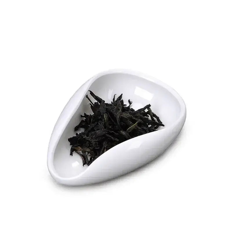 White ceramic tea scoop filled with dark curled leaves from decorbites ceramic white dose trays and tea spoon set
