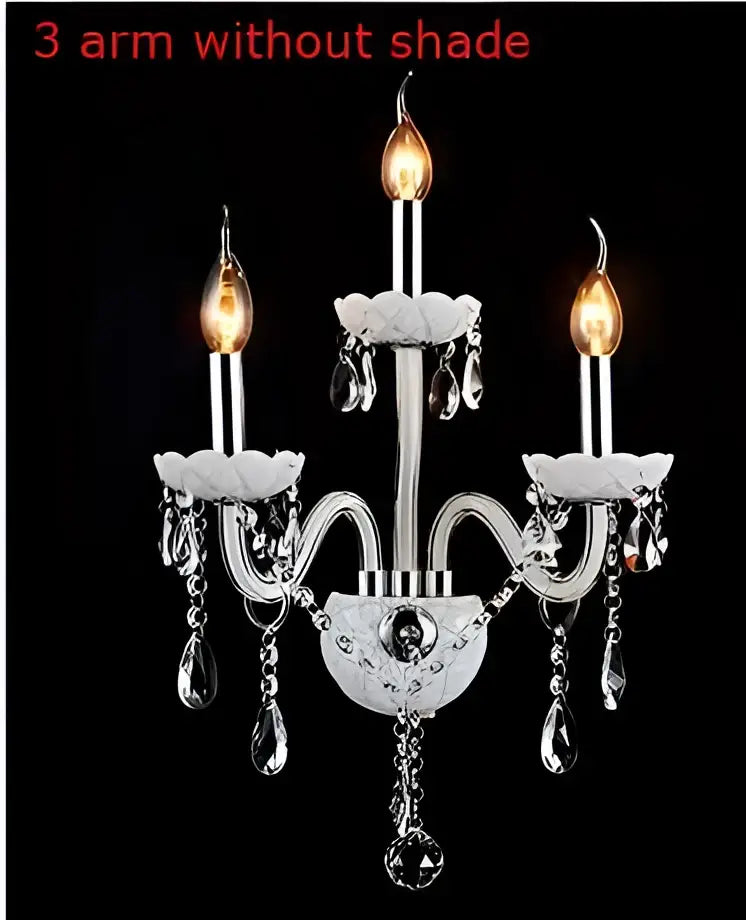 Elegant white crystal wall lamp with three arms clear glass droplets and ornate base by decorbites crystal wall lamp