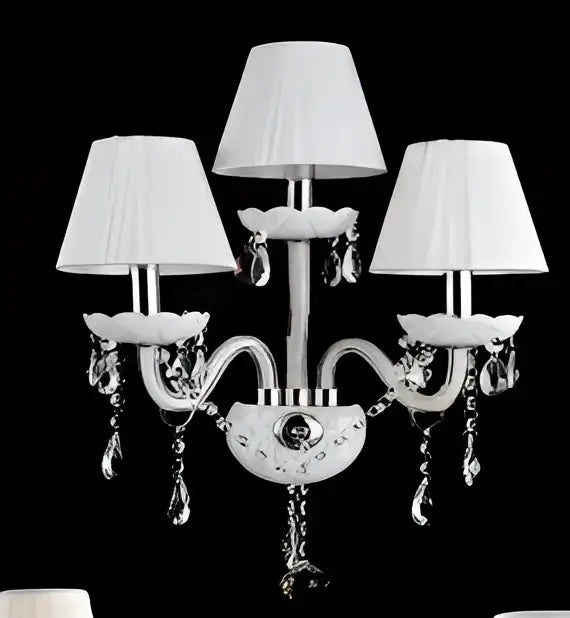 Elegant white crystal wall lamp with ornate metal arms and double fabric shades for bedroom decorbites crystal wall use