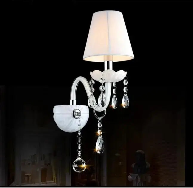Elegant white crystal wall lamp with sleek chrome finish and double fabric shades for bedroom decorbites crystal wall lamp