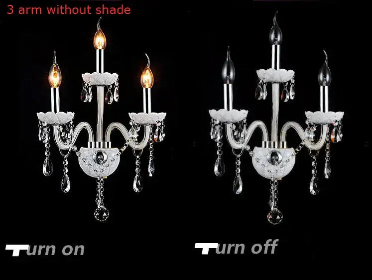 Elegant white crystal wall lamp with three arms, double fabric shades, and dangling teardrop crystals for decorbites crystal wall lamp