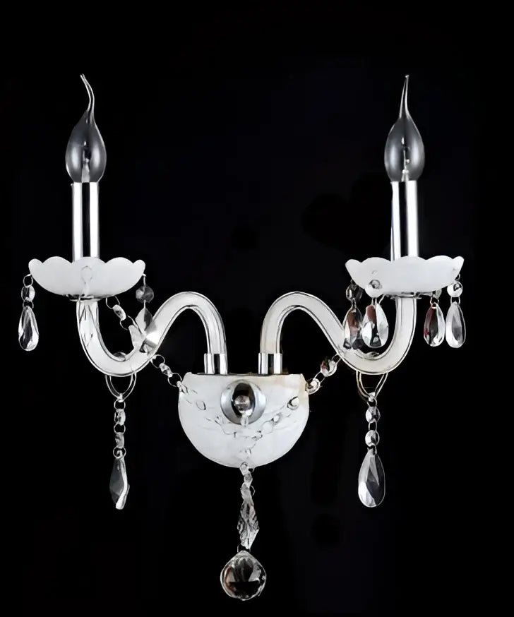 Elegant white crystal wall lamp with silver and clear crystals and two candle-style arms for decorbites crystal wall decor