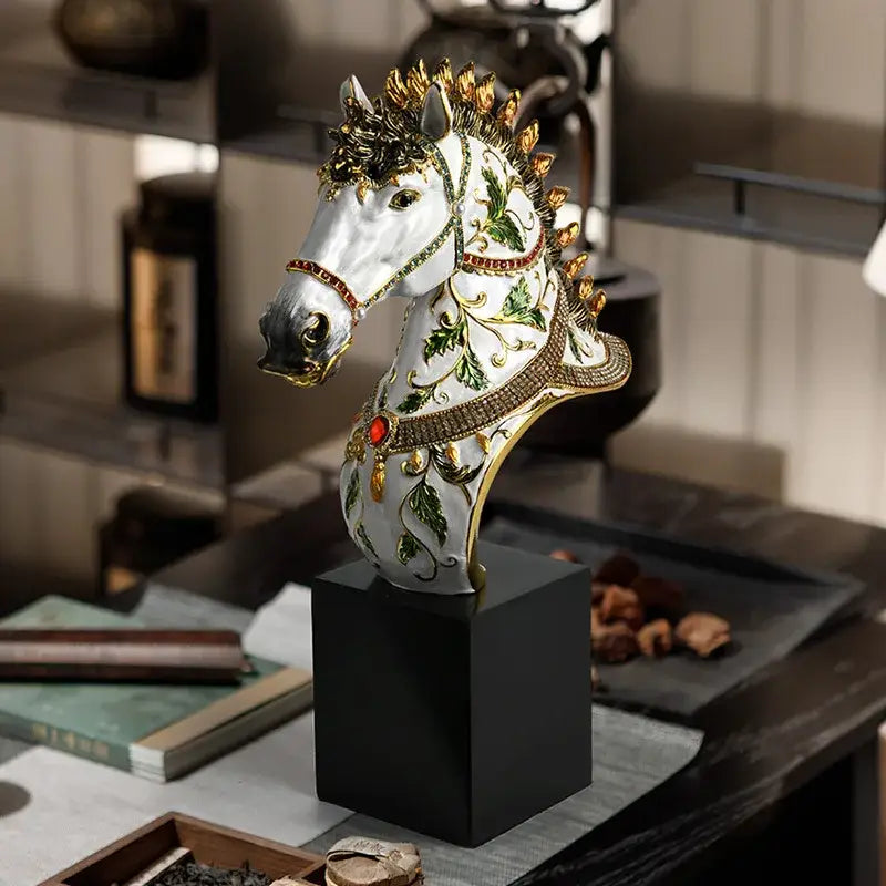Elegant white enamel horse sculpture with gold accents green floral patterns and red gemstones for living room decor