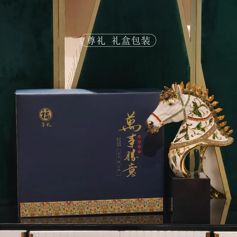 Elegant white enamel horse sculpture featuring gold and green detailing ideal for living room decor
