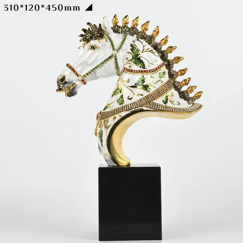 Elegant white enamel horse sculpture with gold accents and floral inlays on black marble base for living room decor