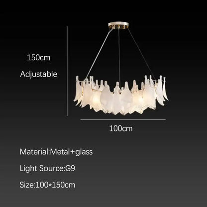 Elegant white feather cloud mist glass chandelier with translucent frosted leaf shades by decorbites for bedroom decor