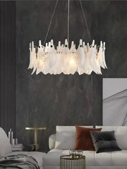 Elegant white feather cloud mist glass chandelier with green gemstone accents for bedroom decorbites cloud mist lighting