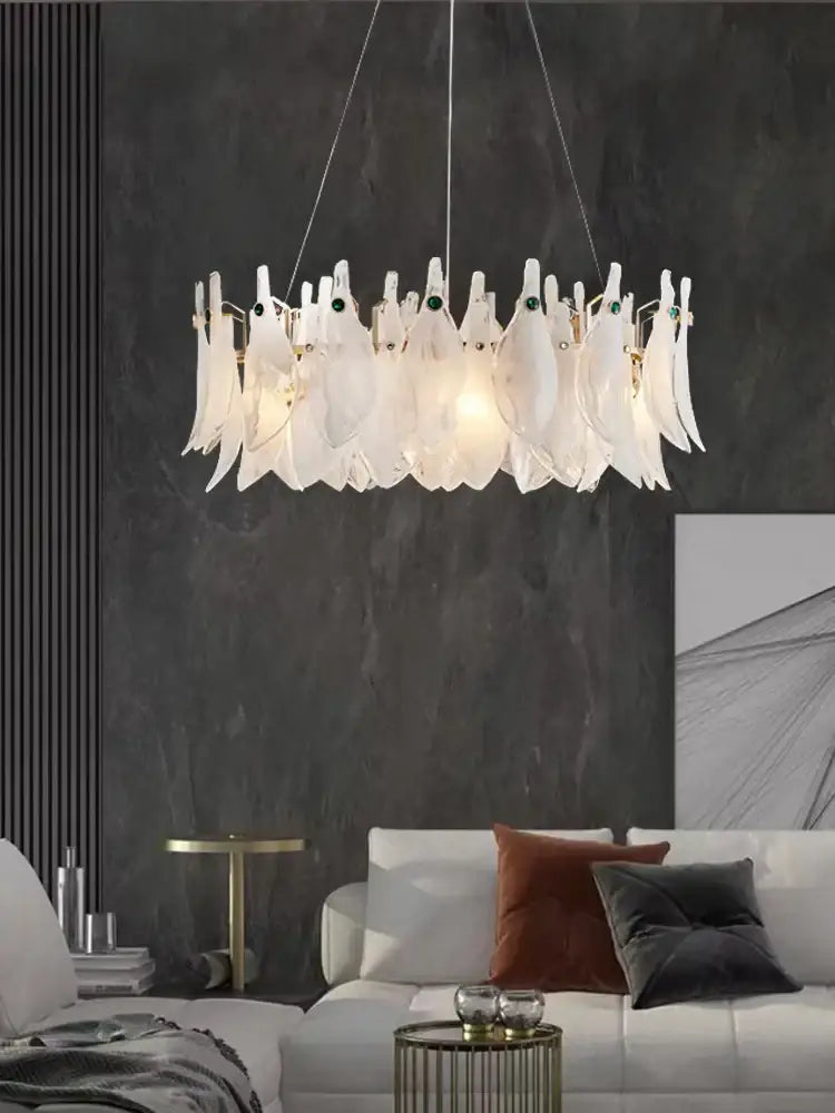 Elegant white feather cloud mist glass chandelier with green gemstone accents for bedroom decorbites cloud mist lighting