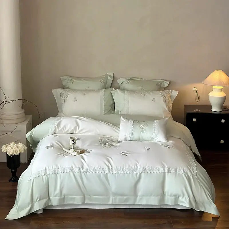 Elegant mint green satin bedding set with delicate silver decorbites flowers embroidery lace trim for bedroom decor