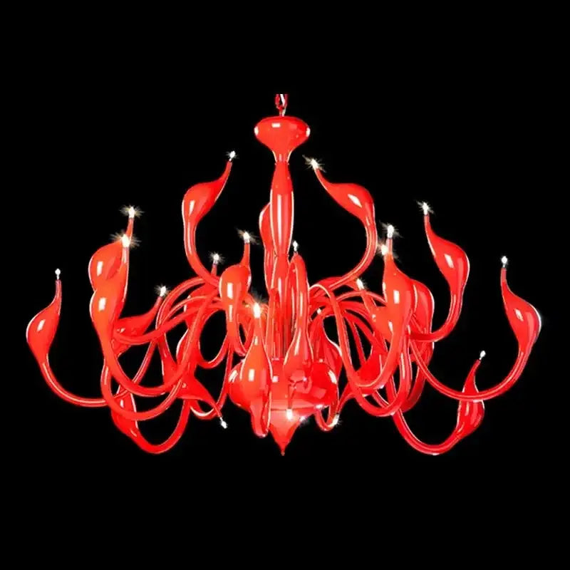 Elegant white glass iron swan pendant chandelier with vibrant red glass flowing arms and embedded lights for living room decorbites iron swan pendant