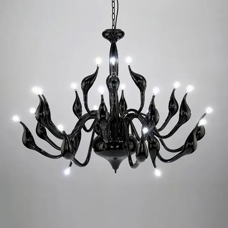 Black glass iron swan pendant chandelier with elegant flame-like arms and glowing lights for living room decorbites iron swan