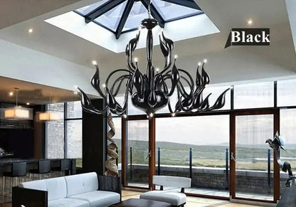 Black wrought iron pendant chandelier with sculptural flame-like arms for elegant decorbites iron swan lighting