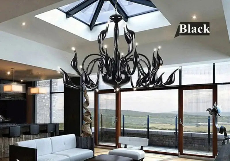 Black wrought iron pendant chandelier with sculptural flame-like arms for elegant decorbites iron swan lighting