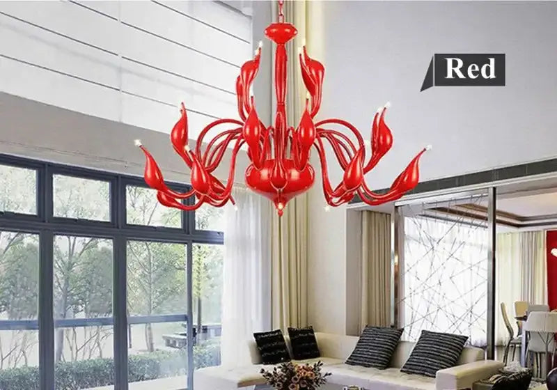 Vibrant red glass pendant chandelier with flame-like arms and glossy finish for decorbites iron swan pendant decor