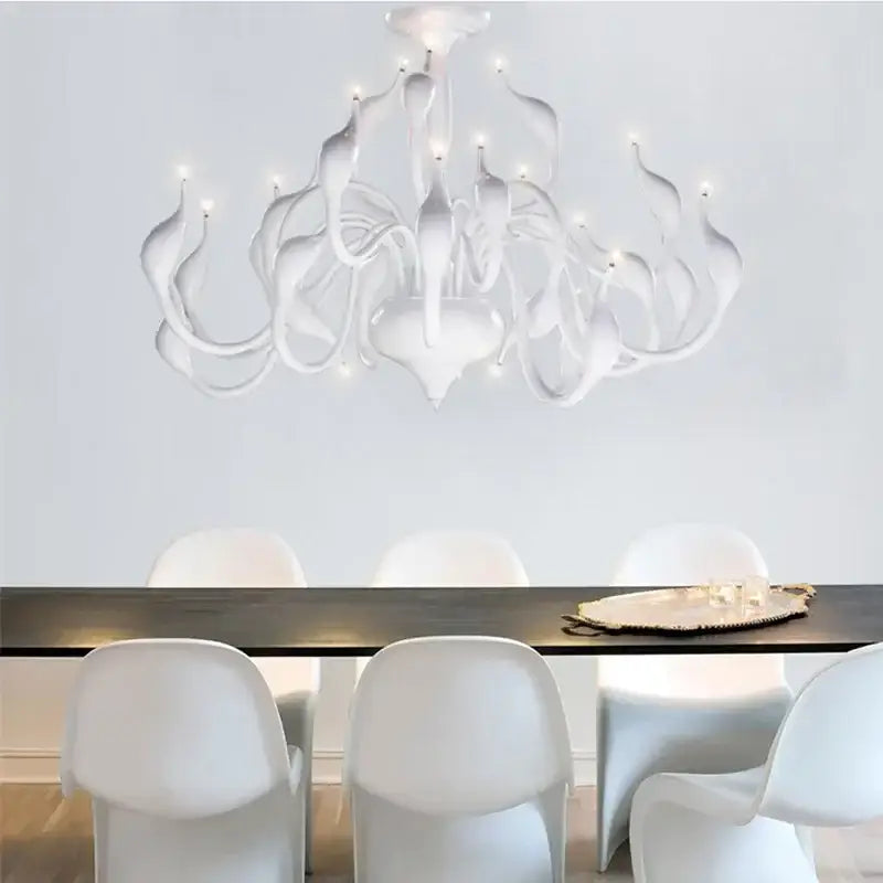 Elegant white glass iron swan pendant chandelier with flowing organic arms and embedded lights for living room decorbites iron swan