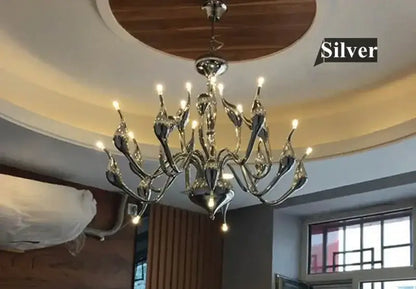 Silver elegant white glass iron swan pendant chandelier with curved arms and glass accents for living room decorbites iron swan