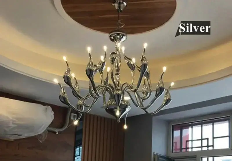 Silver elegant white glass iron swan pendant chandelier with curved arms and glass accents for living room decorbites iron swan