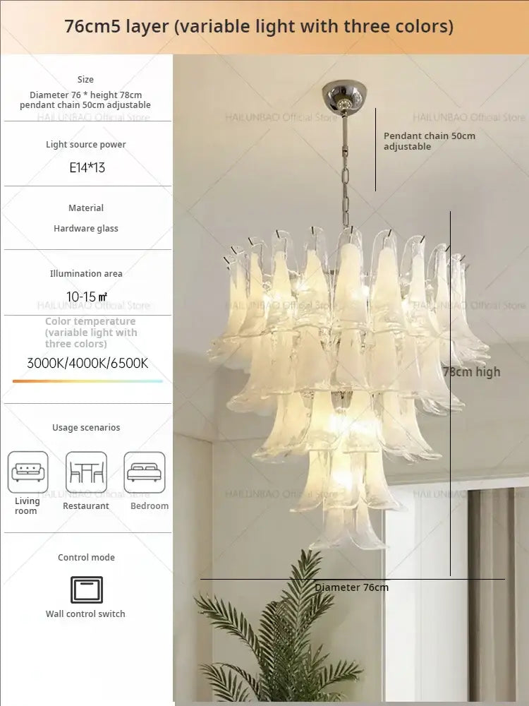 Elegant white glass petal chandelier with cascading translucent design and adjustable chain decorbites elegant crystal light
