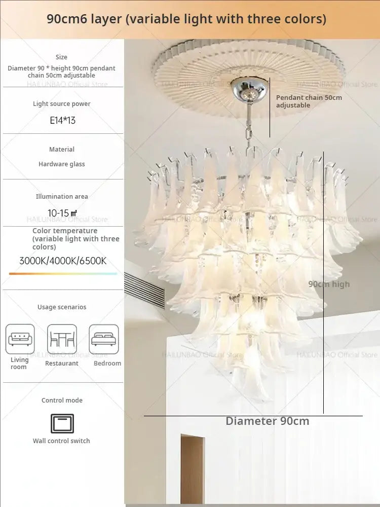 A 90cm six-layer decorbites elegant crystal chandelier with translucent white glass shades and chrome frame for staircases